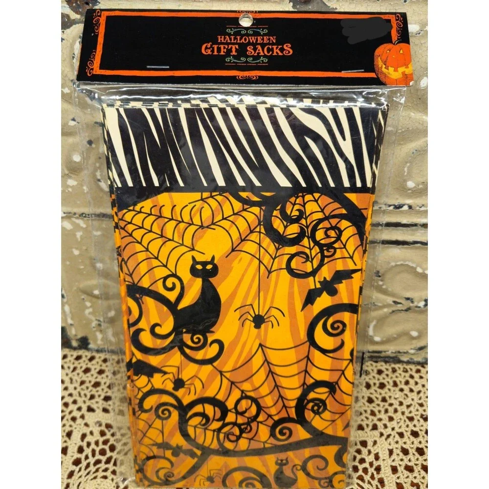 NOS Halloween Gift Sacks Black Cats & Spiderwebs 10 Count